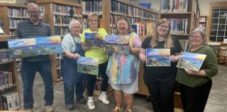 Library Paint Night with online tutorial by Angela Anderson "Autumn Landscape with Hay Bales"